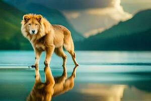 a lion standing in the water with mountains in the background. AI-Generated photo