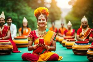un mujer en tradicional indio atuendo se sienta en frente de un grupo de gente. generado por ai foto