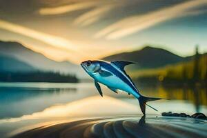 a fish is standing on the edge of a lake. AI-Generated photo