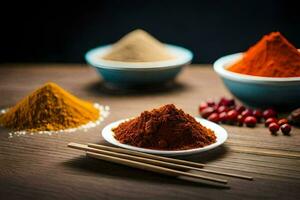 various spices and spices in bowls on a wooden table. AI-Generated photo