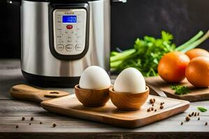 two eggs in wooden bowls next to an instant pot. AI-Generated photo