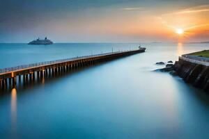 a long exposure photograph of a pier at sunset. AI-Generated photo