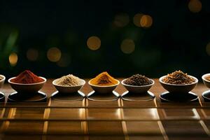 a row of bowls with different spices. AI-Generated photo
