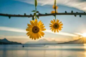 sunflowers hanging from a branch over a lake. AI-Generated photo