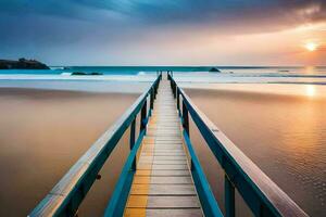 a wooden bridge leads to the ocean at sunset. AI-Generated photo