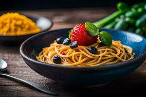 espaguetis con tomate salsa y Fresco bayas en un azul bol. generado por ai foto