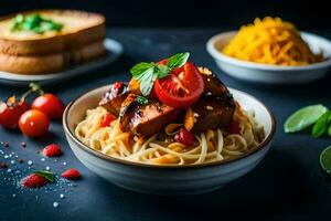 a bowl of spaghetti with meat and tomatoes. AI-Generated photo