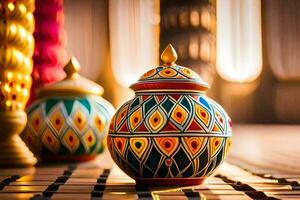 colorful decorative vases on a wooden table. AI-Generated photo