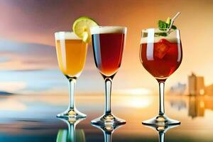 three glasses of different drinks with a sunset in the background. AI-Generated photo