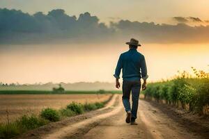 a man walking down a dirt road at sunset. AI-Generated photo