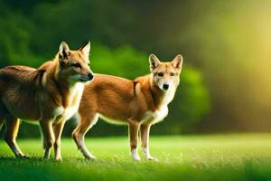 two dogs standing in the grass on a sunny day. AI-Generated photo