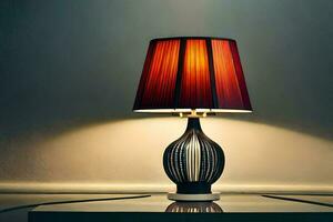 a lamp with a red shade on top of a table. AI-Generated photo