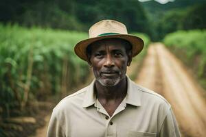 a man in a hat standing in a field. AI-Generated photo