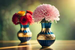 two vases with flowers on a table. AI-Generated photo