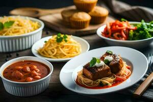 un mesa con varios platos de alimento. generado por ai foto