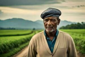 an older man standing in a field with mountains in the background. AI-Generated photo