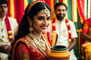 a beautiful bride in traditional indian attire holding a pot. AI-Generated photo