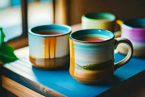 three colorful mugs sitting on a wooden tray. AI-Generated photo