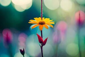 a single yellow flower is standing in front of a blurry background. AI-Generated photo