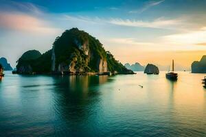 barcos en el agua a puesta de sol en halong bahía. generado por ai foto