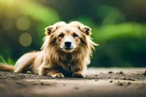 un perro sentado en el suelo en el suciedad. generado por ai foto