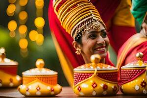 a bride and groom in traditional indian attire. AI-Generated photo