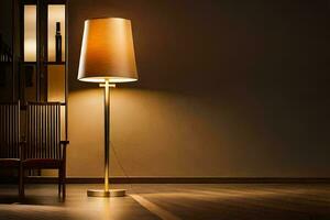un lámpara en un habitación con un silla y un mesa. generado por ai foto