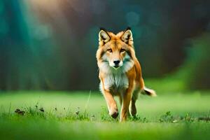 a red fox running through a field. AI-Generated photo