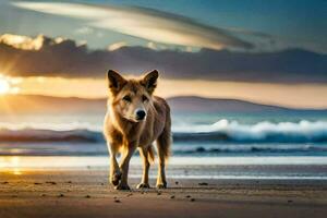 a dog walking on the beach at sunset. AI-Generated photo