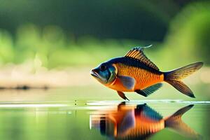 un pescado es en pie en el agua con sus reflexión. generado por ai foto