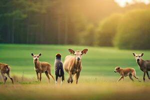 a group of deer are walking in a field. AI-Generated photo