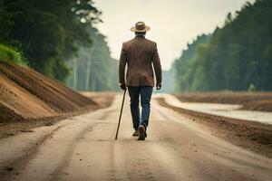 un hombre caminando abajo un suciedad la carretera con un caña. generado por ai foto