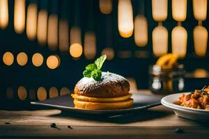 a plate of food with a pastry on it. AI-Generated photo