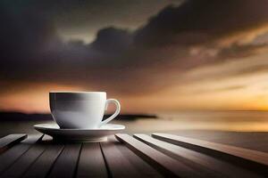 café taza en de madera mesa con puesta de sol en antecedentes. generado por ai foto