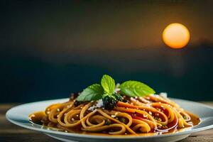 un plato de espaguetis con tomate salsa y albahaca hojas. generado por ai foto