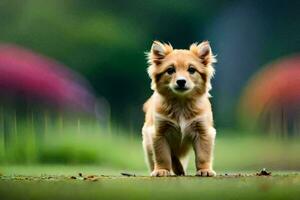 un pequeño marrón perro en pie en el césped. generado por ai foto