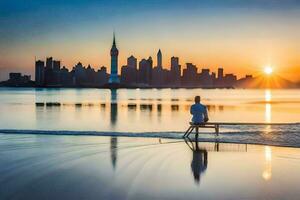un hombre se sienta en un banco con vista a el ciudad horizonte a puesta de sol. generado por ai foto