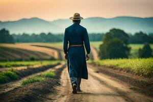 un hombre en un sombrero y largo Saco camina abajo un suciedad la carretera. generado por ai foto