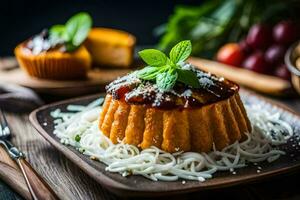 a plate with noodles and a dessert. AI-Generated photo