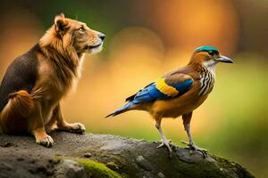 a bird and a lion are standing on a rock. AI-Generated photo