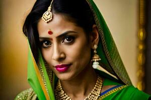 a beautiful indian woman wearing a green sari. AI-Generated photo