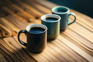 three coffee cups on a wooden table. AI-Generated photo