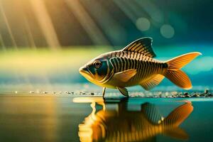 a fish is standing on the water with the sun shining. AI-Generated photo