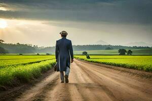 a man in a blue suit walks down a dirt road. AI-Generated photo