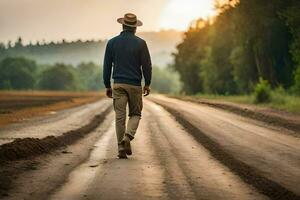 hombre caminando en un la carretera a puesta de sol. generado por ai foto