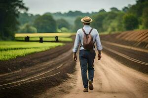 un hombre caminando abajo un suciedad la carretera con un mochila. generado por ai foto