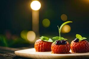 three small strawberries on a plate with mint leaves. AI-Generated photo