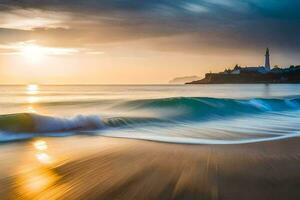 un faro y olas en el playa a puesta de sol. generado por ai foto