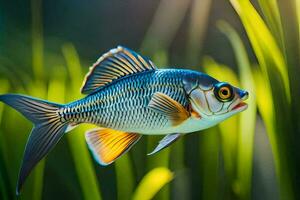 un pescado es nadando en el césped. generado por ai foto