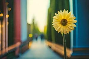 a single yellow flower is standing in the middle of a street. AI-Generated photo